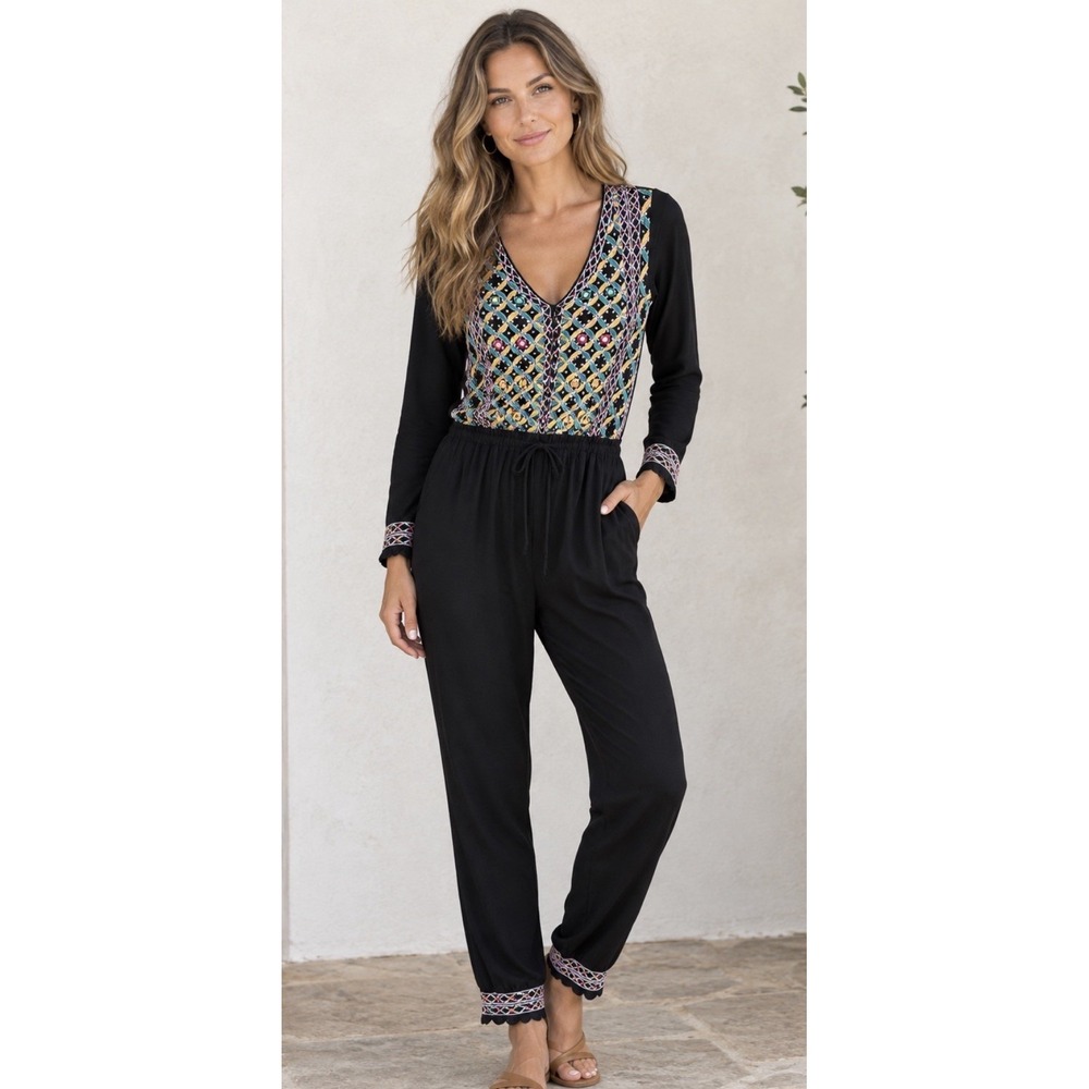 Arnhem Embroidered Long Sleeve Jumpsuit Size Small Boho Resort Black